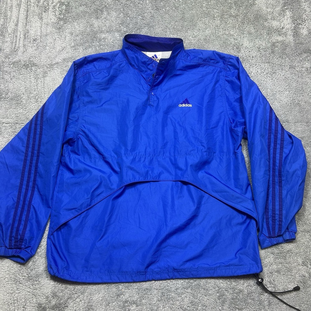 Vintage Adidas Pullover 1/4 Snap Winbreaker Jacket Men's M Blue Pockets 3 Stripe